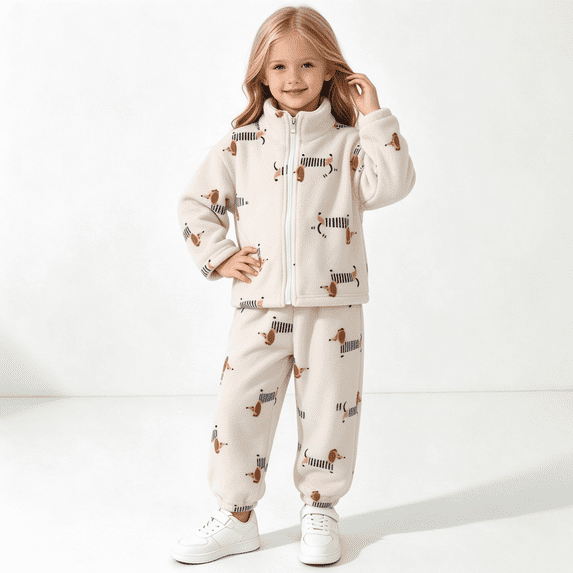 Amidoa Girls 2 Piece Outfits Fuzzy Fleece Zip Up Jackets and Jogger Pant Casual Winter Warm Sweatsuit Sets Size Beige 2-3 Years