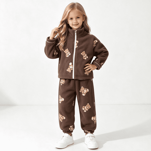 Amidoa Girls 2 Piece Outfits Fuzzy Fleece Zip Up Jackets and Jogger Pant Casual Winter Warm Sweatsuit SetsSize Brown 7-8 Years