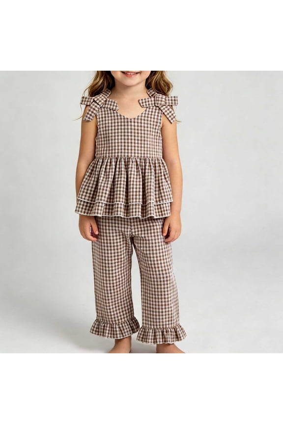 Girls 2 Piece Outfits Summer Clothes Cotton Tank Top Solid Color T-Shirt and Casual Shorts Kids Clothing Sets,Coffee Size 4T