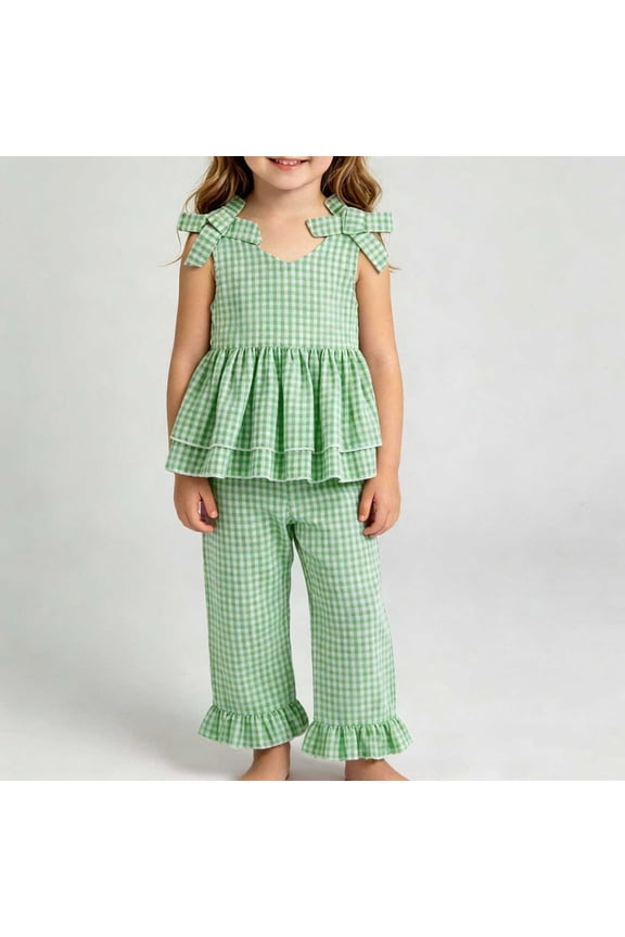 Girls 2 Piece Outfits Summer Clothes Cotton Tank Top Solid Color T-Shirt and Casual Shorts Kids Clothing Sets,Green Size 4T