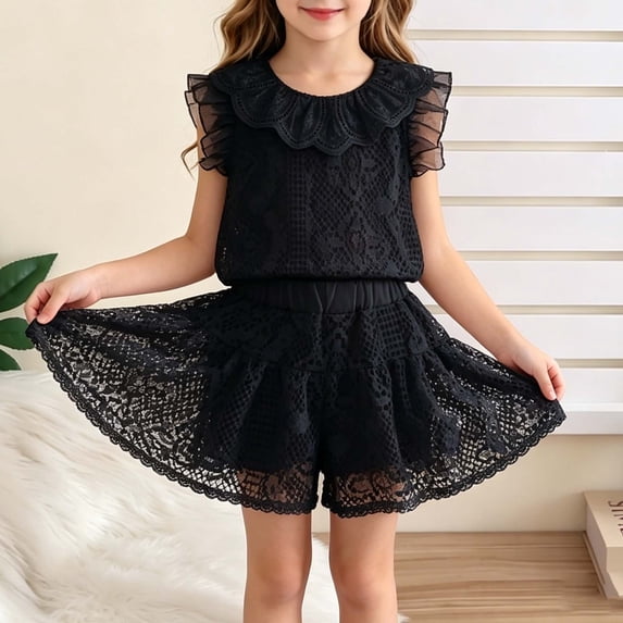 Amidoa Girls 2 Piece Outfits Summer Clothes Cute Short Sleeve and Casual Shorts Kids Clothing Sets Black Size 1T