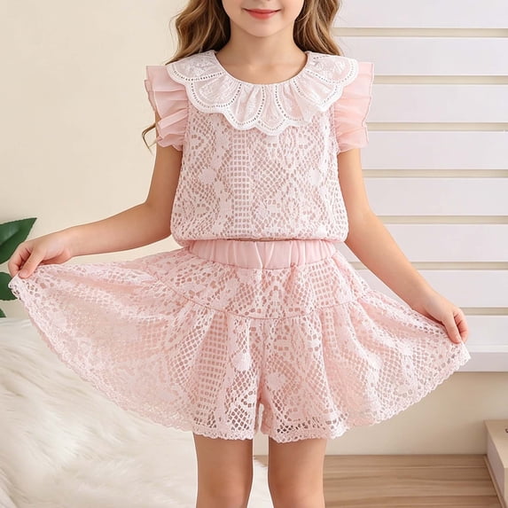 Amidoa Girls 2 Piece Outfits Summer Clothes Cute Short Sleeve and Casual Shorts Kids Clothing Sets Pink Size 1T