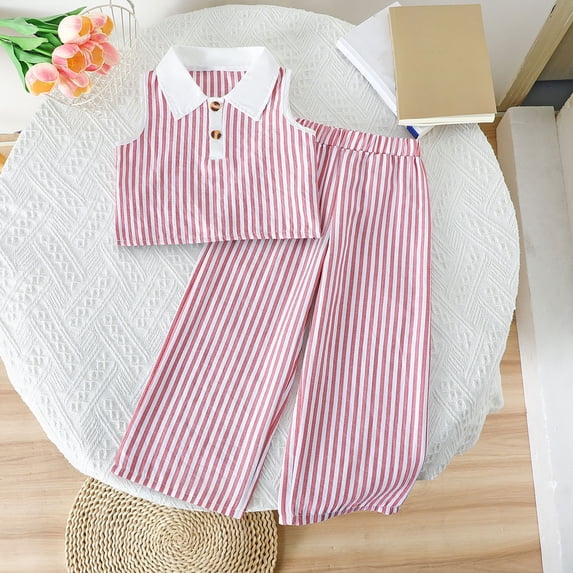 Amidoa Girls 2 Piece Outfits Summer Clothes Cute Solid Color Graphic Tank Top and Casual Pants Kids Clothing Sets Pink Size 4T