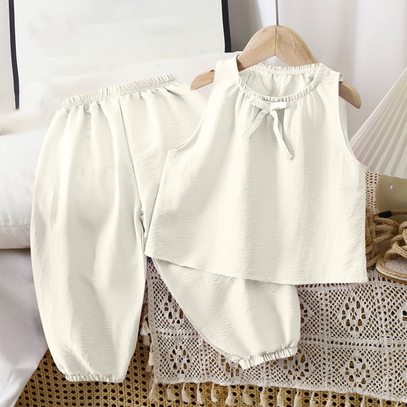 Amidoa Girls 2 Piece Outfits Summer Clothes Cute T-Shirts Cotton Solid Color Tank Top and Casual Shorts Kids Clothing Sets Beige Size 8