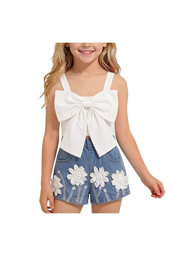 Girls 2 Piece Outfits Summer Clothes Cute Tank Top Sleeveless Solid Color T-Shirt and Casual Shorts Kids Clothing Sets White Size 4T