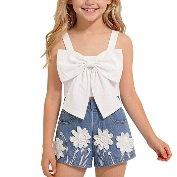Amidoa Girls 2 Piece Outfits Summer Clothes Cute Tank Top Sleeveless Solid Color T-Shirt and Casual Shorts Kids Clothing Sets White Size 6