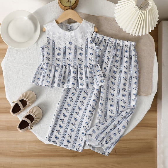 Amidoa Girls 2 Piece Outfits Summer Clothes Cute Tank Top and Casual Pants Kids Clothing Sets Blue Size 6