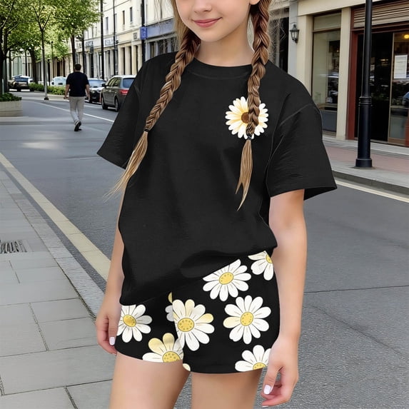 Amidoa Girls 2 Piece Outfits Summer Clothes Floral Print Cute Short Sleeve T-Shirt and Shorts Casual Kids Clothing Sets,Black Size 9
