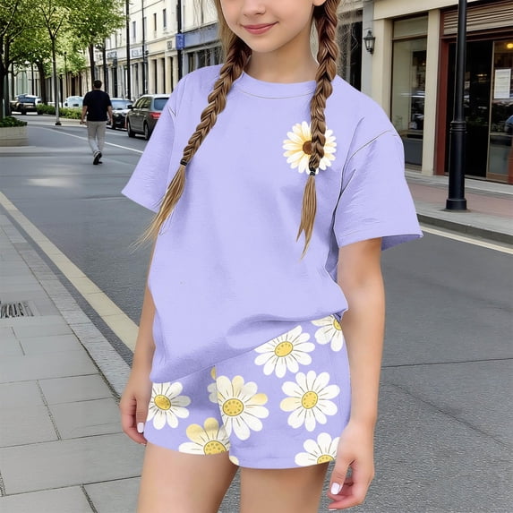 Amidoa Girls 2 Piece Outfits Summer Clothes Floral Print Cute Short Sleeve T-Shirt and Shorts Casual Kids Clothing Sets,Purple Size 9