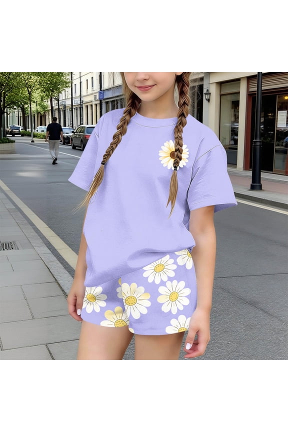 Girls 2 Piece Outfits Summer Clothes Floral Print Cute Short Sleeve T-Shirt and Shorts Casual Kids Clothing Sets,Purple Size 9