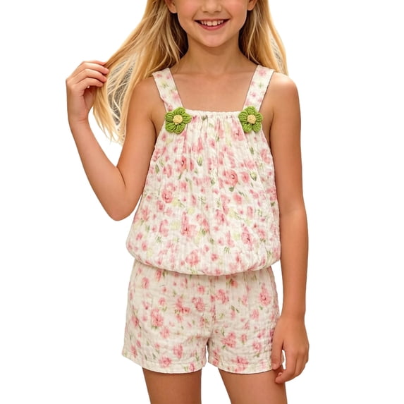 Amidoa Girls 2 Piece Outfits Summer Clothes Floral Print Cute Sleeveless Tank Top T-Shirt and Shorts Casual Kids Clothing Sets Multicolor Size 0T