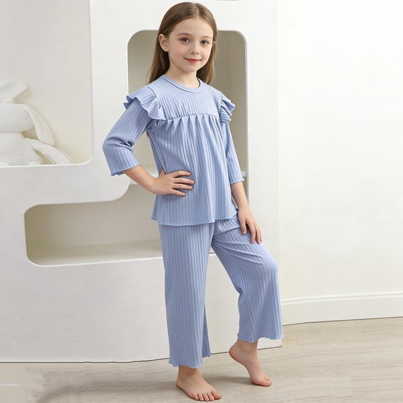 Amidoa Girls 2 Piece Outfits Summer Clothes Flutter Sleeve Long Sleeve Soft Solid Color T Shirts and Casual Shorts Kids Clothing Sets Blue Size 5T