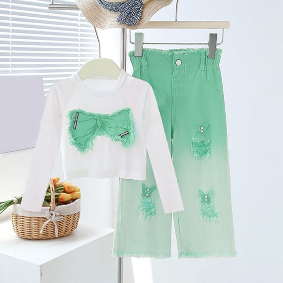 Amidoa Girls 2 Piece Outfits Summer Clothes Long Sleeve Soft T Shirts and Casual Shorts Kids Clothing Sets Green Size 3T