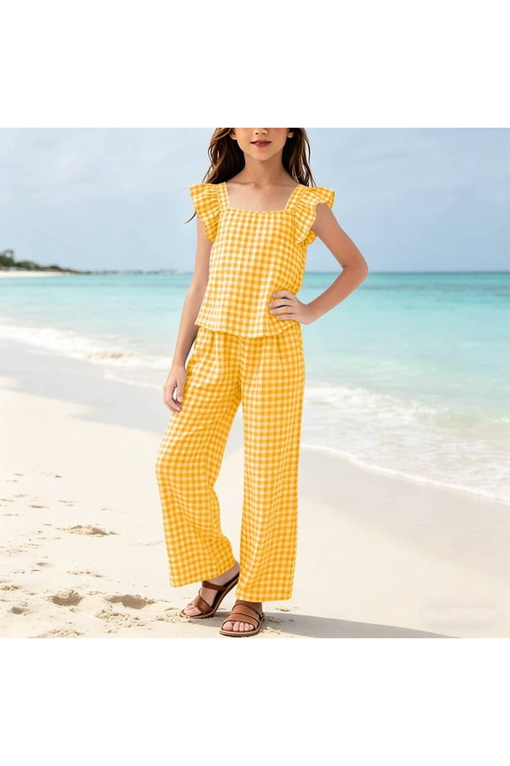 Girls 2 Piece Outfits Summer Clothes Ruffle Sleeve Tank Top and Casual Short Kids Clothing Sets Yellow Size 8