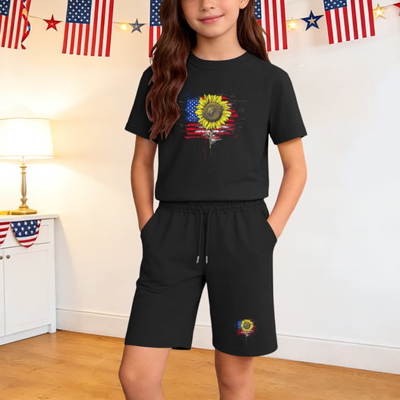 Amidoa Girls 2 Piece Outfits Summer Clothes Short Sleeve Cotton Floral Print T-Shirt and Shorts Casual Kids Clothing Sets Black Size 7