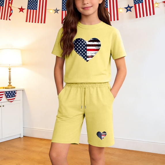 Amidoa Girls 2 Piece Outfits Summer Clothes Short Sleeve Cotton Floral Print T-Shirt and Shorts Casual Kids Clothing Sets Yellow Size 13
