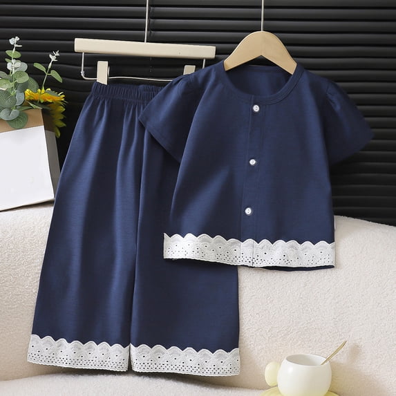 Amidoa Girls 2 Piece Outfits Summer Clothes Short Sleeve Cute Solid Color T-Shirt and Shorts Casual Kids Clothing Sets Blue Size 1T