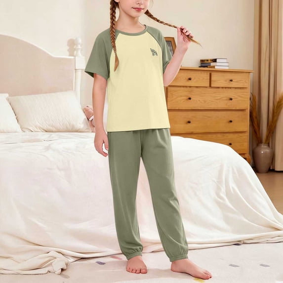Amidoa Girls 2 Piece Outfits Summer Clothes Short Sleeve Cute T-Shirt and Casual Shorts Kids Clothing Sets Green Size 14