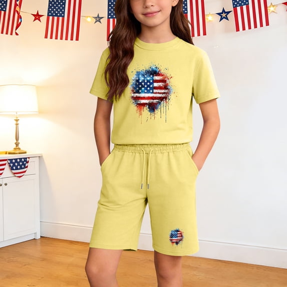 Amidoa Girls 2 Piece Outfits Summer Clothes Short Sleeve Floral Print Cotton T-Shirt and Shorts Casual Kids Clothing Sets Yellow Size 6