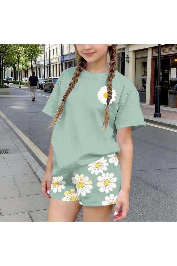 Girls 2 Piece Outfits Summer Clothes Short Sleeve Floral Print Cute T-Shirt and Casual Shorts Kids Clothing Sets,Green Size 7