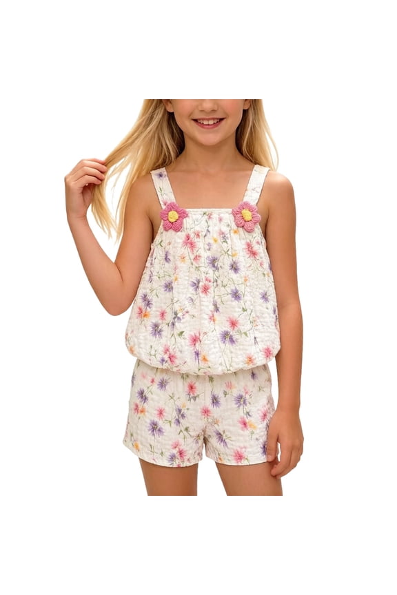 Girls 2 Piece Outfits Summer Clothes Sleeveless Floral Print Cute Tank Top T-Shirt and Casual Shorts Kids Clothing Sets Multicolor Size 4T