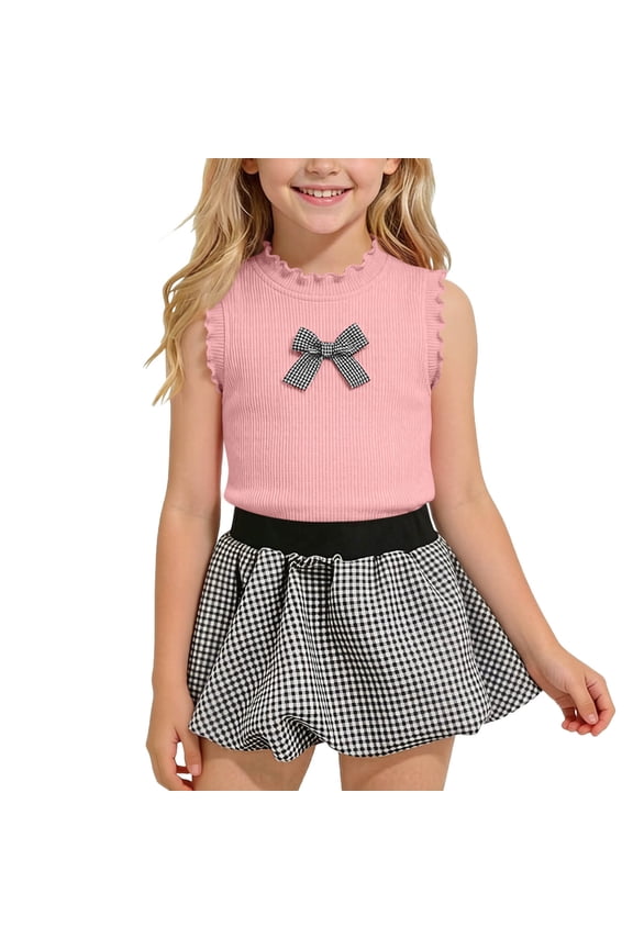 Girls 2 Piece Outfits Summer Clothes Sleeveless Solid Color Cute Tank Top T-Shirt and Casual Shorts Kids Clothing Sets Pink Size 8