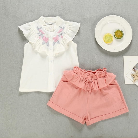 Amidoa Girls 2 Piece Outfits Summer Clothes Soft Short Sleeve T Shirts and Casual Shorts Kids Clothing Sets Pink Size 4T