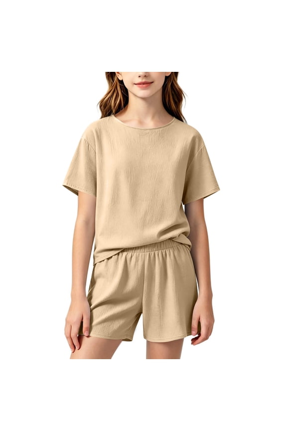 Girls 2 Piece Outfits Summer Clothes Solid Color Cotton Short Sleeve T-Shirt and Shorts Casual Kids Clothing Sets Beige Size 17