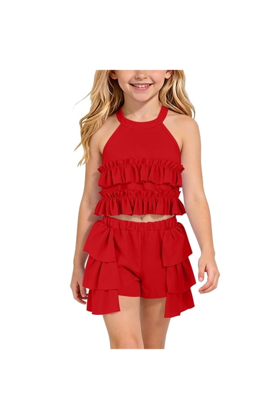 Girls 2 Piece Outfits Summer Clothes Solid Color Cute Tank Top T-Shirt and Shorts Casual Kids Clothing Sets Red Size 3T