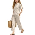 thumbnail image 1 of Amidoa Girls 2 Piece Outfits Summer Clothes Solid Color T Shirt Cute Ruffle Sleeve Short Sleeves Casual Pants Kids Clothing Sets Beige Size 1T, 1 of 9