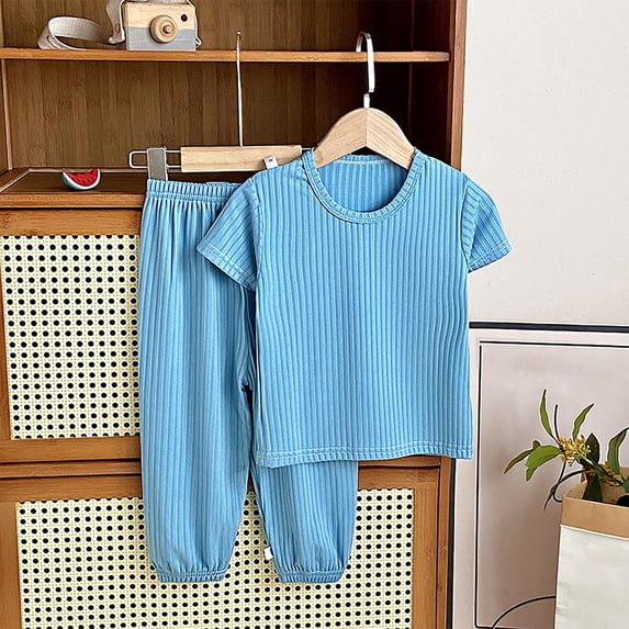 Amidoa Girls 2 Piece Outfits Summer Clothes Solid Color T Shirt Short Sleeve and Casual Short Kids Clothing Sets Blue Size 4T