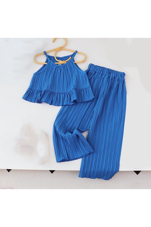 Girls 2 Piece Outfits Summer Clothes Solid Color Tank Top and Casual Short Kids Clothing Sets Blue Size 5T