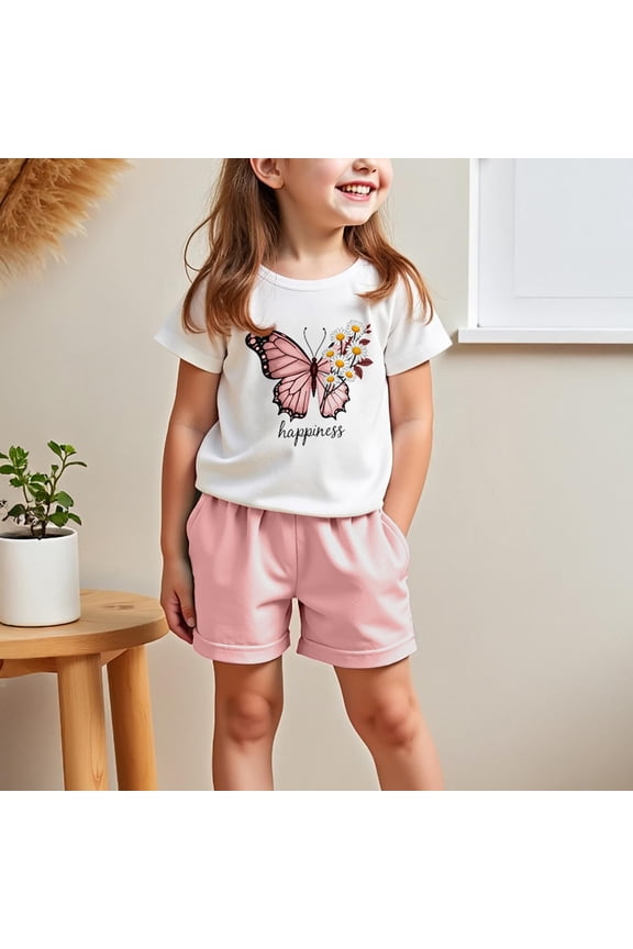 Girls 2 Piece Outfits Summer Clothes T Shirt Cotton Graphic Short Sleeve and Casual Short Kids Clothing Sets Pink Size 6