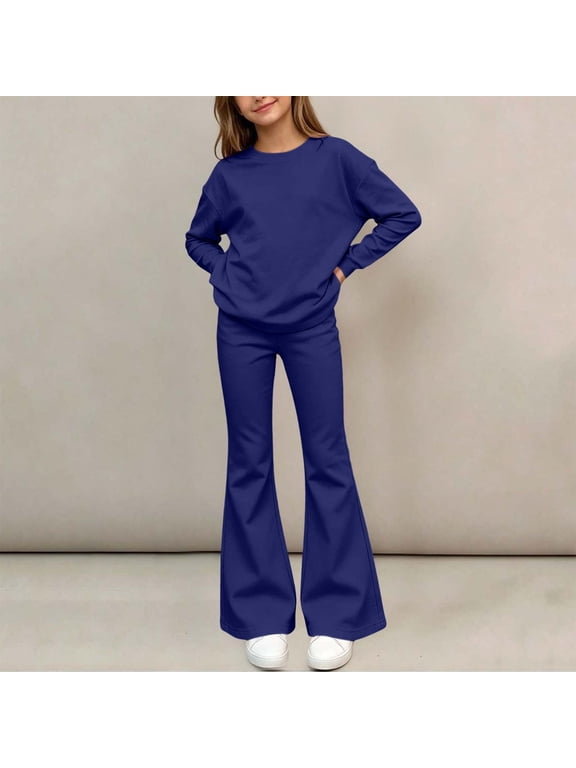 Girls 2 Piece Outfits Sweatsuits Fall Clothes Long Sleeve Top and Flare Leg Pants Kids Casual Clothing Sets Dark Blue Size 11-12 Years