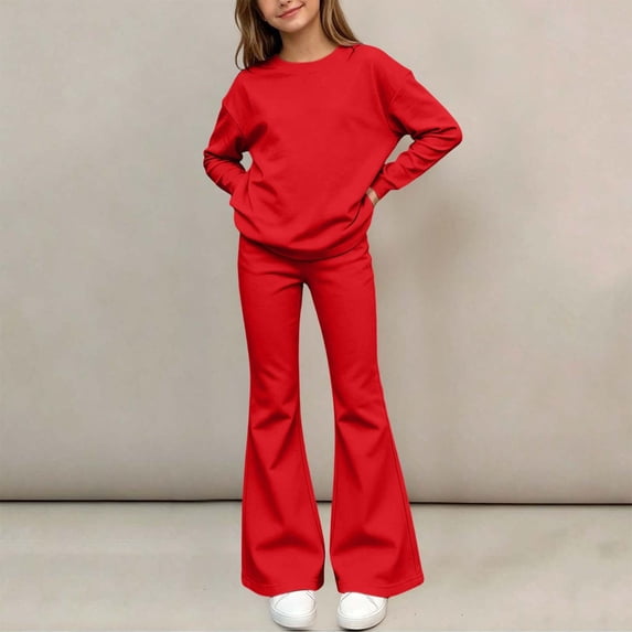 Amidoa Girls 2 Piece Outfits Sweatsuits Fall Clothes Long Sleeve Top and Flare Leg Pants Kids Casual Clothing Sets White Size 5-6 Years