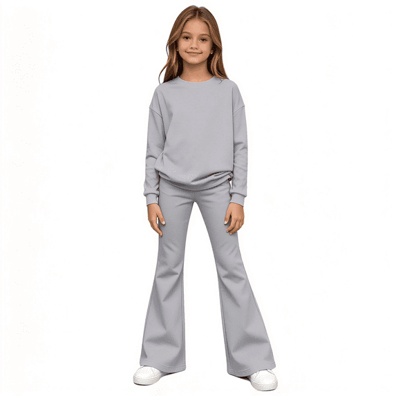 Amidoa Girls 2 Piece Outfits Sweatsuits Fall Clothes Long Sleeve Top and Flare Leg Pants Kids Casual Clothing Sets Gray Size 7-8 Years