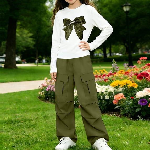 Amidoa Girls Clothes 2 Piece Outfits Fall Winter Clothes Cute Floral Print and Cargo Pants Casual Kids Back to School Outfits Army Green Size 11-12 Years