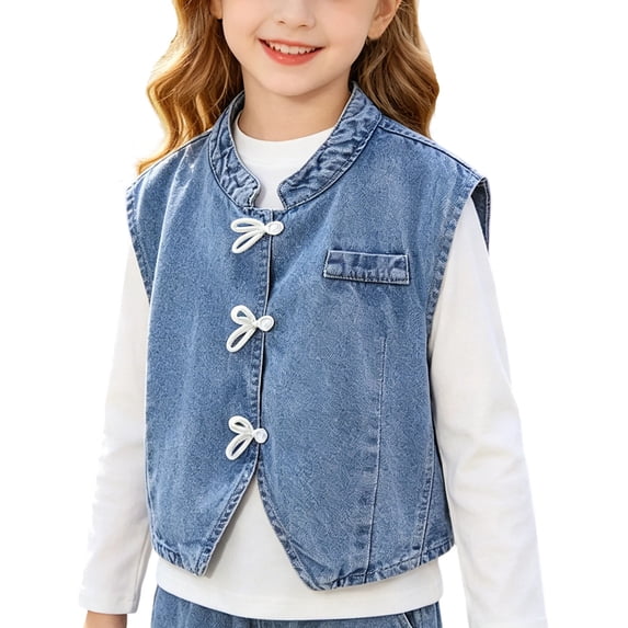Amidoa Girls Denim Vest, Round Collared Cute Sleeveless Jeans Tops With Pockets,Blue Size 2T