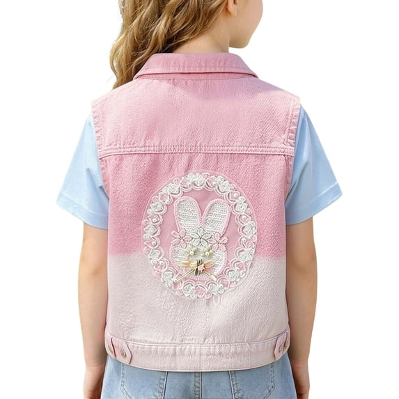 Amidoa Girls Denim Vest, Round Collared Cute Sleeveless Jeans Tops With Pockets,Pink Size 5T