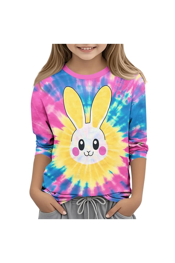 Girls Easter T Shirts- 3/4 Sleeve Crewneck Cute Rabbit Kids Graphic Tops Navy Size 9-10 Years