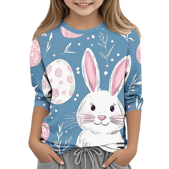 Amidoa Girls Easter T Shirts- Crewneck 3/4 Sleeve Cute Rabbit Kids Graphic Tops Navy Size 7-8 Years