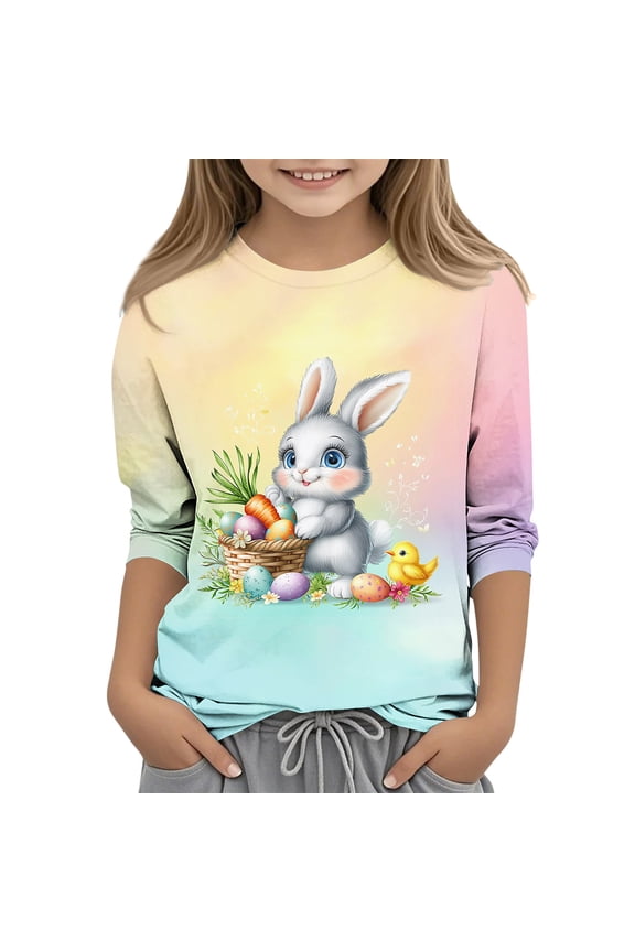 Girls Easter T Shirts- Crewneck Cute Rabbit 3/4 Sleeve Kids Graphic Tops Green Size 11-12 Years