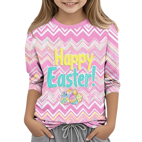 Amidoa Girls Easter T Shirts- Crewneck Cute Rabbit 3/4 Sleeve Kids Graphic Tops Pink Size 11-12 Years