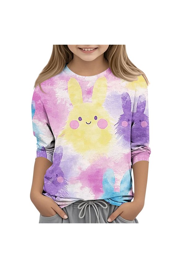 Girls Easter T Shirts- Crewneck Cute Rabbit 3/4 Sleeve Kids Graphic Tops Yellow Size 9-10 Years