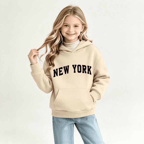 Amidoa Girls Graphic Hoodie Pullover Hooded Sweatshirt Fleece Oversized Kids Cute Hoodies With Pocket Beige Size 7-8Years