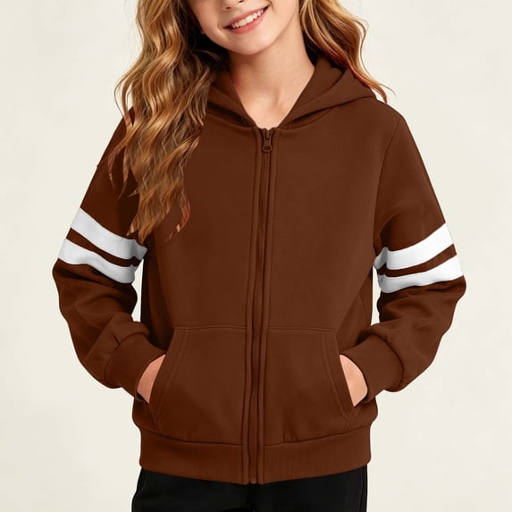 Amidoa Girls Graphic Hoodies Zip Up Hooded Sweatshirt Kids Cute Casual Long Sleeve Fall Winter ClothesBrown Size 9-10 Years