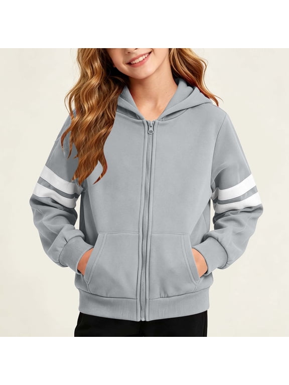 Girls Graphic Hoodies Zip Up Hooded Sweatshirt Kids Cute Casual Long Sleeve Fall Winter ClothesGray Size 9-10 Years