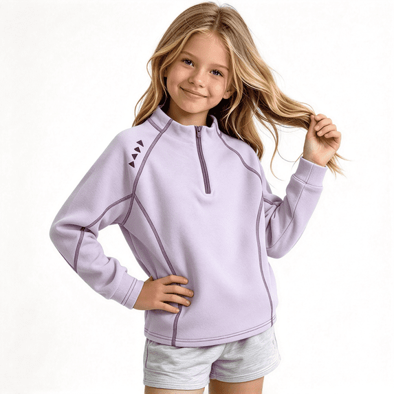 Amidoa Girls Half Zip Pullover Long Sleeve T Shirts Kids Mock Neck Casual Tops Purple Size 5-6 Years