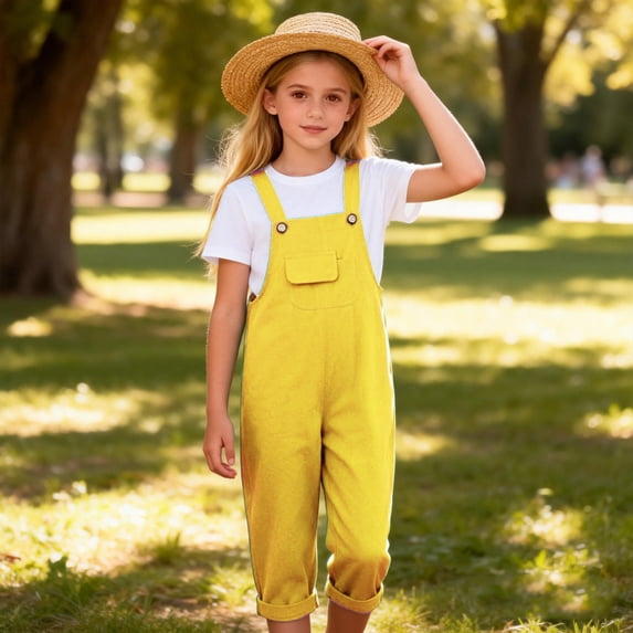 Amidoa Girls Jumpsuit Button Strap Solid Color Loose Pants Kids Casual Jumpsuit Yellow 10-11Years
