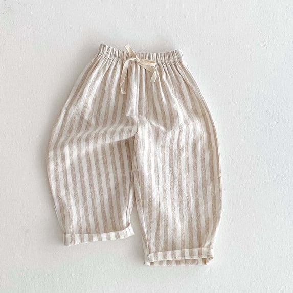 Amidoa Girls Leggings Elastic Waist Stripe High Waist Pants Kids Beach Casual Pants Beige 4T